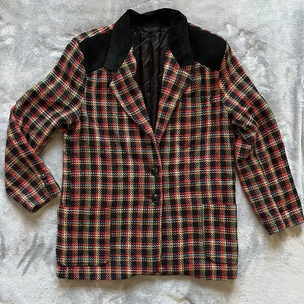 VTG Westerfield Plaid Wool Blend Blazer Suede Like Collar 80s Med USA Academia